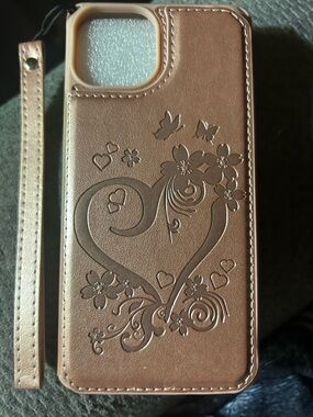 Amazon For iPhone 14 Pink Floral Heart 💗Wallet Phone Case with Wrist Strap